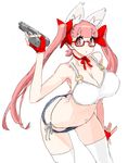  animal_ears bare_shoulders bow breasts cat_ears denim denim_shorts glasses gun hair_bow handgun large_breasts long_hair looking_at_viewer o-ring o-ring_top original pink_hair pistol red_eyes short_shorts shorts solo srco thighhighs twintails vrkdh weapon white_legwear 
