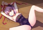  armpits bangs bare_legs bare_shoulders bdsm blunt_bangs bondage bound bound_wrists breasts collarbone euforia eyebrows eyebrows_visible_through_hair fate/grand_order fate_(series) helena_blavatsky_(fate/grand_order) legs_up leotard lying on_back on_ground open_mouth purple_eyes purple_hair red_ribbon ribbon short_hair small_breasts solo spread_legs strapless strapless_leotard sunlight tree_of_life wooden_floor 