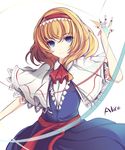  alice_margatroid bad_id bad_pixiv_id blonde_hair blue_dress blue_eyes capelet character_name cravat dress faefaea hairband hand_up light_smile lolita_hairband looking_at_viewer open_hand puppet_rings puppet_strings sash short_hair simple_background solo touhou white_background white_capelet 