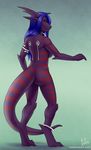  2016 3_toes 4_fingers akhlys anklet anthro armband armlet barefoot big_feet big_tail black_collar blue_hair breasts butt claws collar digital_media_(artwork) digitigrade dragon_tail ears_back ears_down feet female gargoyle green_eyes hair hair_down hi_res hindpaw horn inside jewelry lizard_tail long_ears long_hair long_tail looking_at_viewer mosa no_sclera non-mammal_breasts nude paws pinup pointy_ears pose purple_belly purple_horn purple_nose purple_skin purple_tail red_stripes shaded side_boob simple_background slit_pupils smile snout soles solo standing straight_hair striped_skin stripes tech technology technophilia thick_tail tiger_stripes titanium toes wavy_hair 