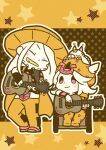  1other 2boys absurdres acoustic_guitar beard cape chibi commentary_request cowboy_hat facial_hair guitar gyro_zeppeli hat highres horseshoe_hat_ornament instrument johnny_joestar jojo_no_kimyou_na_bouken long_hair looking_at_another m_a_a_m_8 male_focus multiple_boys sitting smile spurs stand_(jojo) standing star_(symbol) steel_ball_run tusk_(stand) tusk_act1 wheelchair yellow_theme 
