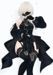  10h_(nier_reincarnation) black_blindfold black_gloves blindfold digital_media_player gloves highres ipod mitsuki_nite musical_note nier_(series) nier_reincarnation white_background white_hair 