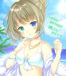  bikini blue_eyes blue_sky bracelet breasts brown_hair cleavage cloud collarbone day earrings happy_birthday harukaruha heterochromia highres idolmaster idolmaster_cinderella_girls jewelry looking_at_viewer mole mole_under_eye necklace ocean off_shoulder open_clothes open_shirt palm_tree shirt sky small_breasts solo swimsuit takagaki_kaede tree white_bikini 