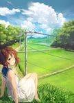  :o arm_support barefoot brown_eyes brown_hair cloud day dress field from_side grass hibike!_euphonium highres knees_up looking_at_viewer looking_back on_ground oumae_kumiko outdoors parted_lips path power_lines rice_paddy road rural ryokucha_manma sailor_dress scenery short_hair sitting sky sleeveless sleeveless_dress solo white_dress 