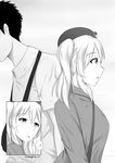  1girl ? alternate_costume arm_sling bag beret broken_arm casual comic commentary english_commentary greyscale handbag hat highres kantai_collection kashima_(kantai_collection) monochrome open_mouth profile robba-san_(wangphing) shirt sweat t-shirt twintails twitter_username wangphing 