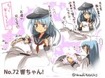  1boy 1girl admiral_(kantai_collection) afterimage anchor_symbol bangs blue_eyes blue_hair blush blush_stickers character_name clenched_hand closed_mouth commentary_request directional_arrow epaulettes eyebrows eyebrows_visible_through_hair flat_cap hat heart hibiki_(kantai_collection) kantai_collection long_hair long_sleeves looking_back military military_uniform motion_lines naval_uniform neckerchief number petting smile speech_bubble spoken_ellipsis spoken_heart suzuki_toto sweatdrop translated twitter_username uniform 