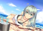  1girl aqua_eyes aqua_hair bare_shoulders beach bikini blush breasts cleavage cloud day front-tie_top hair_ornament hairclip highres kantai_collection large_breasts long_hair looking_at_viewer luna_(gunfire) lying navel ocean on_side outdoors ramune sand sky smile solo suzuya_(kantai_collection) swimsuit symbol-shaped_pupils water white_bikini 