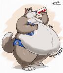 2024 anthro belly big_belly bottle bottomwear box canid canine canis chip_the_wolf claws clothed clothing container cookie_box cookie_crisp fur half-closed_eyes hi_res holding_box holding_container holding_milk_bottle holding_object husky2paws looking_back male mammal milk milk_bottle milk_container morbidly_obese morbidly_obese_anthro morbidly_obese_male narrowed_eyes navel obese obese_anthro obese_male overweight overweight_anthro overweight_male puffed_cheeks rumbling_stomach signature solo sound_effects standing tail text torn_bottomwear torn_clothing torn_underwear underwear underwear_only wolf