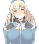  alternate_eye_color atago_(kantai_collection) bad_id bad_nicoseiga_id beret black_gloves blonde_hair blue_eyes blush breasts commentary_request gloves hair_between_eyes half-closed_eyes hat kantai_collection large_breasts long_hair long_sleeves looking_at_viewer masupa_kiriu military military_uniform simple_background solo uniform white_background 