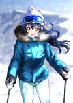  1girl blue_hair blue_jacket blush breath commentary_request cowboy_shot day floating_hair fur-trimmed_hood fur_trim goggles goggles_on_headwear hair_between_eyes highres holding_ski_pole hood hood_down hooded_jacket jacket knit_hat long_hair long_sleeves looking_at_viewer love_live! love_live!_school_idol_project mittens mountain noochan_chonoda open_mouth outdoors pants signature ski_pole skiing smile snow snowing solo sonoda_umi standing teeth upper_teeth_only white_mittens white_pants winter_clothes yellow_eyes 