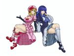  alternate_breast_size blonde_hair blue_hair bow breasts cleavage crossed_legs elbow_gloves frederica_bernkastel gloves grin hat highres lambdadelta large_breasts legs long_hair looking_at_viewer multiple_girls purple_eyes short_hair simple_background smile the_golden_smurf thighs umineko_no_naku_koro_ni white_background witch 