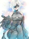 10h_(nier_reincarnation) 1girl artist_name black_blindfold black_gloves black_thighhighs blindfold breasts commentary_request detached_sleeves gloves highres large_breasts medium_hair nier_(series) nier_reincarnation reaching reaching_towards_viewer sitting smile solo thighhighs twitter_username watermark white_hair yurikawa_(yurikawa_kwyr) 
