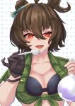  1girl agnes_tachyon_(umamusume) animal_ears bikini black_bikini black_gloves blush breasts brown_hair cleavage commentary_request flask gloves green_shirt hair_between_eyes highres hisagi_(hisagi00) holding holding_spoon horse_ears horse_girl long_bangs looking_at_viewer medium_breasts open_clothes open_mouth orange_eyes round-bottom_flask shirt short_hair single_glove smile solo spoon swimsuit tied_shirt umamusume upper_body white_background 