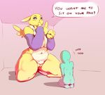  anon anthro big_breasts biggcuties black_sclera blue_eyes breasts bridal_gauntlets cleavage clothed clothing digimon duo english_text female human larger_female male mammal nude pussy renamon size_difference smaller_male speech_bubble text 