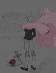  1boy black_shirt blonde_hair bouquet capri_pants coat cross donquixote_doflamingo earrings flower from_behind full_body grave hands_in_pockets highres jewelry leg_hair looking_up male_focus one_piece pants partially_colored pink_coat red_flower red_rose rose shanalikeanna shirt short_hair sketch standing sunglasses traditional_media 