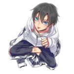  1boy :p aegyo_sal badge barefoot black_choker black_hair black_pants blue_eyes borrowed_clothes button_badge choker commentary_request flannel from_above full_body green_eyes grey_shirt gyozaz hair_between_eyes hand_on_own_knee hand_up heterochromia hood hoodie hypnosis_mic indian_style light_smile looking_at_viewer male_focus mole mole_under_eye mole_under_mouth multiple_moles pants shirt short_hair simple_background sitting solo tongue tongue_out white_background white_hoodie yamada_saburo zipper 