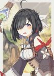  1girl ahoge artist_name atelier_(series) atelier_yumia between_breasts black_hair border breasts commentary_request flammi_(atelier) gloves hair_over_one_eye kona_(atrkona) looking_at_viewer medium_hair mole mole_under_eye multicolored_hair open_mouth outside_border partially_fingerless_gloves purple_eyes red_gloves red_hair smile solo strap_between_breasts streaked_hair stuffed_animal stuffed_bird stuffed_toy twitter_username white_border yumia_liessfeldt 