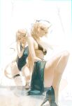  2girls absurdres bare_legs bikini bikini_top_only black_bra blonde_hair blue_eyes blue_skirt bra bracelet braid breasts bright_background candy cartethyia_(wuthering_waves) closed_mouth dudrinm earrings fleurdelys_(wuthering_waves) floating floating_object floating_sword floating_weapon food from_side hand_up high_heels highres holding holding_candy holding_food holding_lollipop horns jewelry large_breasts leg_up light_blush lollipop long_hair looking_at_viewer multiple_girls one-piece_swimsuit one_eye_closed open_mouth pointy_ears reflection single_braid single_horn sitting skirt small_breasts standing swimsuit sword tacet_mark_(wuthering_waves) teeth thick_thighs thigh_strap thighs thorns tongue tongue_out underwear upper_teeth_only very_long_hair weapon wuthering_waves 