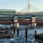  boat bridge commentary_request dock floodgate kroizzz no_humans original pixel_art reflection reflective_water river scenery sky suspension_bridge water watercraft 