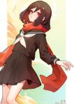  1girl absurdres artist_name black_shirt black_skirt dated foot_out_of_frame highres kagerou_project out_of_frame red_eyes scarf school_uniform serafuku shendi_2021 shirt short_hair skirt solo solo_focus tateyama_ayano 