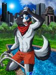  2015 alexi_civitas anthro blue_eyes canine detailed detailed_background dog fur hair male mammal padmenvy smile solo swimming_pool water 