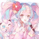  1girl aqua_hair creature crossover fairy_miku_(project_voltage) hatsune_miku highres holding holding_microphone jigglypuff long_hair microphone one_eye_closed open_mouth pink_hair pokemon pokemon_(creature) project_voltage smile solo twintails upper_body vocaloid watermark weibo_watermark xi_guapi 