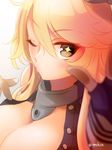 against_fourth_wall against_glass blonde_hair blue_eyes breasts cleavage close-up eyebrows_visible_through_hair face fingerless_gloves fourth_wall from_side gloves hair_between_eyes headgear iowa_(kantai_collection) kantai_collection large_breasts lips long_hair looking_at_viewer one_eye_closed pouty_lips solo star star-shaped_pupils symbol-shaped_pupils tmsksa 