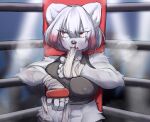 2025 5_fingers anthro athletic athletic_anthro athletic_female bangs black_clothing black_crop_top black_shirt black_topwear bodily_fluids clothed clothing crop_top digital_media_(artwork) fangs felid female fighting_ring fingers front_view fur grey_body grey_fur hair half-length_portrait hand_wraps hi_res highlights_(coloring) inside kemono mammal midriff multicolored_hair object_in_mouth portrait red_eyes red_highlights rin_(sleepiness18) shirt sleepiness18 standing sweat teeth topwear two_tone_hair wraps