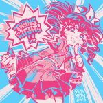  1girl 2025 ahoge arm_at_side artist_name blue_background blue_eyes bow bright_pupils buttons commentary_request cowboy_shot double-breasted double-parted_bangs drill_hair finger_to_own_chin flat_chest from_below grey_jacket grey_skirt grin hair_between_eyes hair_bow hand_up index_finger_raised jacket kasane_teto kasane_teto_(sv) layered_sleeves leaning_forward limited_palette long_sleeves looking_at_viewer medium_hair midriff musical_staff musical_staff_print nail_polish pink_hair pink_nails portuguese_commentary short_over_long_sleeves short_sleeves shoulder_belt shoulder_boards sintastein skirt smile solo speech_bubble standing synthesizer_v transgender_day_of_visibility transgender_flag turtleneck turtleneck_jacket twin_drills two-tone_background utau white_background white_bow white_pupils 