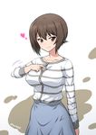  blush breasts brown_eyes brown_hair girls_und_panzer joy_ride large_breasts looking_at_viewer nishizumi_maho shirt short_hair skirt smile solo striped striped_shirt unbuttoning 