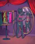 absurd_res aged_up alcohol alcohol_bottle anthro beverage blue_eyes clothes_hanger clothing container cup curtains diacordst dressing_room_(disambiguation) drinking_glass female furniture glass glass_container glass_cup grey_body hi_res lori_meyers mammal mirror mouse murid murine night_in_the_woods nightclub reflection rodent solo swimwear table two-piece_swimsuit wine_bottle wine_glass