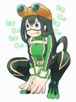  asui_tsuyu black_eyes black_hair bodysuit boku_no_hero_academia breasts full_body gloves goggles goggles_on_head green_bodysuit hair_rings long_hair low-tied_long_hair medium_breasts nemui_8 solo squatting tongue tongue_out white_gloves 