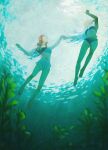  2girls absurdres among_us asimov_(spindle_(aidenr0)) barefoot bikini blue_bikini brown_hair commentary crewmate_(among_us) english_commentary from_below full_body grey_bikini highres holding_hands long_hair multiple_girls original ottilie_(spindle_(aidenr0)) partially_submerged seaweed spindle_(aidenr0) swimming swimsuit underwater_shot when_you_see_it white_hair 