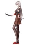  apple black_legwear cooking food fruit grey_hair hand_on_hip holding long_hair massive_kagawa pantyhose red_eyes selvaria_bles senjou_no_valkyria senjou_no_valkyria_1 simple_background smile solo white_background 