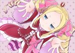  beatrice_(re:zero) blonde_hair blue_eyes blush bow capelet crown dress drill_hair frills fur_trim hair_ribbon long_hair long_sleeves looking_at_viewer looking_up mini_crown mokichi812 outstretched_arms pantyhose pom_pom_(clothes) puffy_cheeks purple_legwear re:zero_kara_hajimeru_isekai_seikatsu ribbon solo striped striped_legwear symbol-shaped_pupils twin_drills twintails very_long_hair 