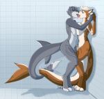 after_transformation anthro bathroom_tiles big_breasts bodily_fluids breast_play breast_squish breasts brown_body brown_fur butt canid canine comic drooling drooling_on_partner drooling_tongue duo fangs female female/female fish floppy_ears french_kissing fur grey_body grey_fur grey_hair hair hand_holding hi_res hybrid kissing licking mammal marine narusewolf nude pointy_ears saliva saliva_on_tongue saliva_string shark snout squish tail teeth tongue transformation white_body white_fur white_hair