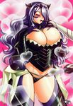  blush breasts camilla_(fire_emblem_if) cleavage commentary finger_to_mouth fire_emblem fire_emblem_if gigantic_breasts jadenkaiba pelvic_curtain purple_hair solo_focus 