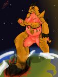 anthro big_breasts bra breasts claw_toes claws clothing continent continent_destruction destruction dinosaur elemental_creature female hi_res horn hybrid kaiju liscenuwu macro mineral_fauna overweight overweight_anthro overweight_female paws planet planet_destruction prehistoric_species reptile rock rock_creature scalie solo space spiked_tail spikes spikes_(anatomy) step_pose stepping stomping stroll strolling tail terra_macro thick_thighs toe_claws underwear wide_hips