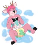 1:1 absurd_res abuniverse ambiguous_gender anthro antlers bodily_fluids brown_antlers bunnyhopps clothed clothing deer diaper disembodied_hand eyelashes eyes_closed fennecat fur genital_fluids ghost_hand hair hi_res hoof_hands hooves horn mammal petting pink_body pink_fur pink_hair pink_spots simple_background solo spots text tongue unclean_diaper urine used_diaper watermark wearing_diaper wet_diaper