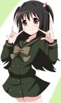  1girl \m/ absurdres aikawa_ryou blush bow brown_bow closed_mouth commentary_request commission double_\m/ green_background green_sailor_collar green_serafuku green_shirt green_skirt hair_between_eyes hair_bobbles hair_intakes hair_ornament hands_up highres hirai_yukari long_hair long_sleeves pixiv_commission puffy_long_sleeves puffy_sleeves purple_eyes sailor_collar school_uniform serafuku shakugan_no_shana shirt skirt smile solo two-tone_background two_side_up very_long_hair white_background 