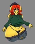 absurd_res alternate_species anthro belt big_breasts big_ears black_clothing black_eyes black_hat black_headwear black_thong black_underwear bottomwear breasts canid canine canis clothing creepypasta denim denim_bottomwear denim_clothing domestic_dog eyelashes female floppy_ears freckled_face freckles friday_night_funkin&#039; front_view fur green_clothing green_sweater green_topwear grey_background grey_bottomwear grey_clothing grey_jeans grey_pants hair hat headgear headwear hi_res huge_breasts human jeans jeans_down long_ears lop_ears mammal navel orange_hair p0verteils pants sara_taylor simple_background slightly_chubby smile solo step_right_up:_adventure_isle sweater thick_thighs thong topwear underwear wide_hips yellow_body yellow_fur