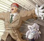 1boy 1girl bask_om beanie blue_eyes bracelet commentary_request deux_murasame dragon_ball dragon_ball_z gloves goggles grey_hair gundam gundam_0083 gundam_gquuuuuux hat in-franchise_crossover jacket jewelry long_hair necktie open_mouth pants parody protecting saisyuusensi scarf scene_reference shirt teeth torn_clothes zeta_gundam 