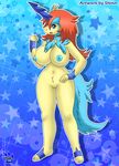  2016 anthro anthrofied areola big_breasts blue_background blue_fur blue_horn blue_nipples breasts english_text equine female fur hair hand_on_hip hi_res horn huge_breasts keldeo long_hair looking_at_viewer mammal nintendo nipples nude open_mouth pok&eacute;mon pok&eacute;morph pussy red_hair shinn simple_background smile solo star text thick_thighs tongue unicorn video_games wide_hips yellow_fur 