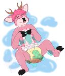 1:1 absurd_res abuniverse ambiguous_gender anthro antlers bodily_fluids brown_antlers bunnyhopps clothed clothing deer diaper disembodied_hand eyelashes eyes_closed fennecat fur genital_fluids ghost_hand hair hi_res hoof_hands hooves horn mammal petting pink_body pink_fur pink_hair pink_spots simple_background soiled_diaper solo spots text tongue unclean_diaper urine used_diaper watermark wearing_diaper wet_diaper