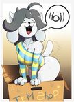 2016 anthro big_breasts box breasts butt canine cardboard claws cleavage clothed clothing dialogue dog female fur grey_hair hair invalid_tag mammal salvador-lol smile solo speech_bubble star tailwag temmie_(undertale) tongue tongue_out undertale video_games white_fur 
