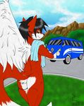  black_hair butt canine car fox fur hair hi_res iudicium86 looking_at_viewer male mammal nude outside public_nudity red_fur sam_the_angel_fox solo towel van vehicle volkswagen white_fur wings 