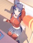  1girl arm_up blue_eyes blue_hair blue_skirt blurry blush breasts choker closed_mouth commentary_request depth_of_field from_above hand_on_own_head highres indoors kind_mita_(miside) long_hair long_sleeves looking_at_viewer medium_breasts midriff miniskirt miside mita_(miside) mmmmrr_k navel on_chair pleated_skirt red_choker red_shirt red_thighhighs shirt skirt solo_focus thighhighs toy_hammer wooden_floor 