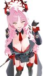  1girl absurdres black_coat black_gloves black_horns blue_archive bra bra_peek breasts cleavage coat coin coin_on_string demon_horns gloves halo highres holding holding_pendulum holed_coin horns huge_breasts long_hair long_sleeves looking_at_viewer mole mole_on_breast multicolored_horns n3ow necktie open_mouth parted_bangs pendulum pink_hair red_bra red_garter_straps red_halo red_horns red_necktie red_thighhighs red_wrist_cuffs satsuki_(blue_archive) short_necktie simple_background solo thighhighs two-tone_horns underwear very_long_hair white_background wrist_cuffs yellow_eyes 