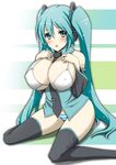  :o alternate_breast_size aqua_eyes aqua_hair bare_shoulders between_breasts black_legwear black_neckwear blush breast_suppress breasts commentary_request covered_nipples detached_collar detached_sleeves feet_out_of_frame green_shirt hatsune_miku large_breasts long_hair looking_at_viewer necktie necktie_between_breasts panties shirt sitting solo striped striped_panties thighhighs twintails underwear very_long_hair vocaloid wakame wariza 