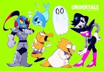  2girls 3boys alphys androgynous armor black_hair closed_eyes copyright_name creature crying crying_with_eyes_open dummy fish ghost glasses gloves green_background highres kanianoreki looking_at_viewer mad_dummy_(undertale) mettaton mettaton_ex multiple_boys multiple_girls napstablook open_mouth robot shyren simple_background tears undertale undyne 